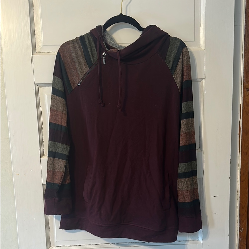 Maurices Burgundy and Green Hooded Sweatshirt with Striped Sleeves
